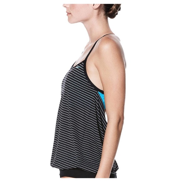 Nike Layered Tankini Top with Striped Overlay atop a Solid Teal Bikini Top - Picture 9 of 12